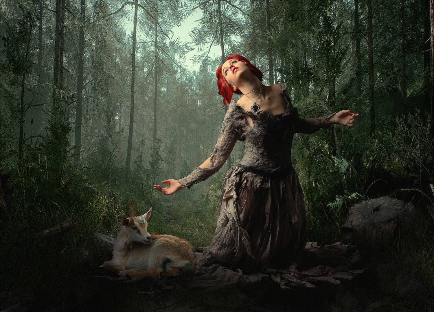 девушка, лес, козленок, Sergii Vidov