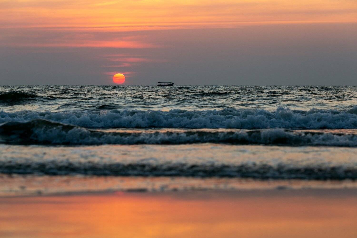 закат, океан, солнце, лодка, багровый, романтика, волны, горизонт, берег, Денис Бухлаев