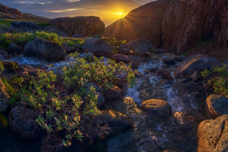 териберка, кольский, закат, водопад, полярный день, На Север фото превью