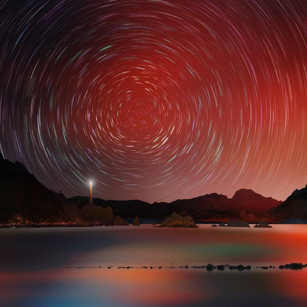 red, reflection, light, lighthouse, trail, stars, mounting, cliff, round, land, circle, longexposure, star trail,, Caras Ionut
