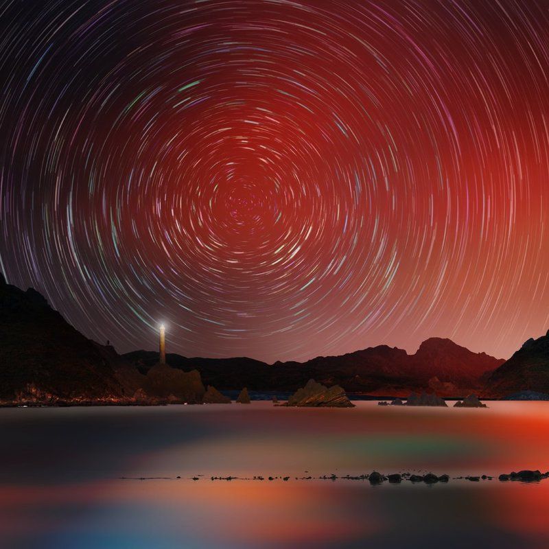 red, reflection, light, lighthouse, trail, stars, mounting, cliff, round, land, circle, longexposure, star trail, Zenit II фото превью