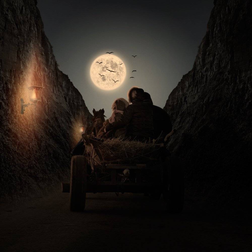 girl, night, light, trail, woman, man, stars, lamp, running, horse, journey, cart, Caras Ionut