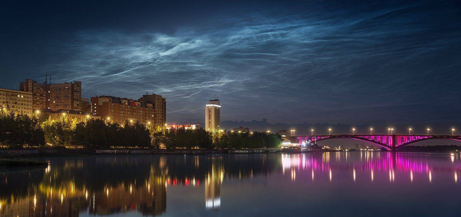 пейзаж, природа, город, небо, облака, серебристые, ночь, панорама, река, енисей, красноярск, мост, подсветка, набережная, отражение, архитектура, широкий, большой, красивая, свет, Дмитрий Антипов