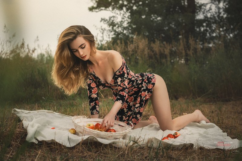 девушка на природе, девушка с яблоками , девушка в платье По яблоки фото превью