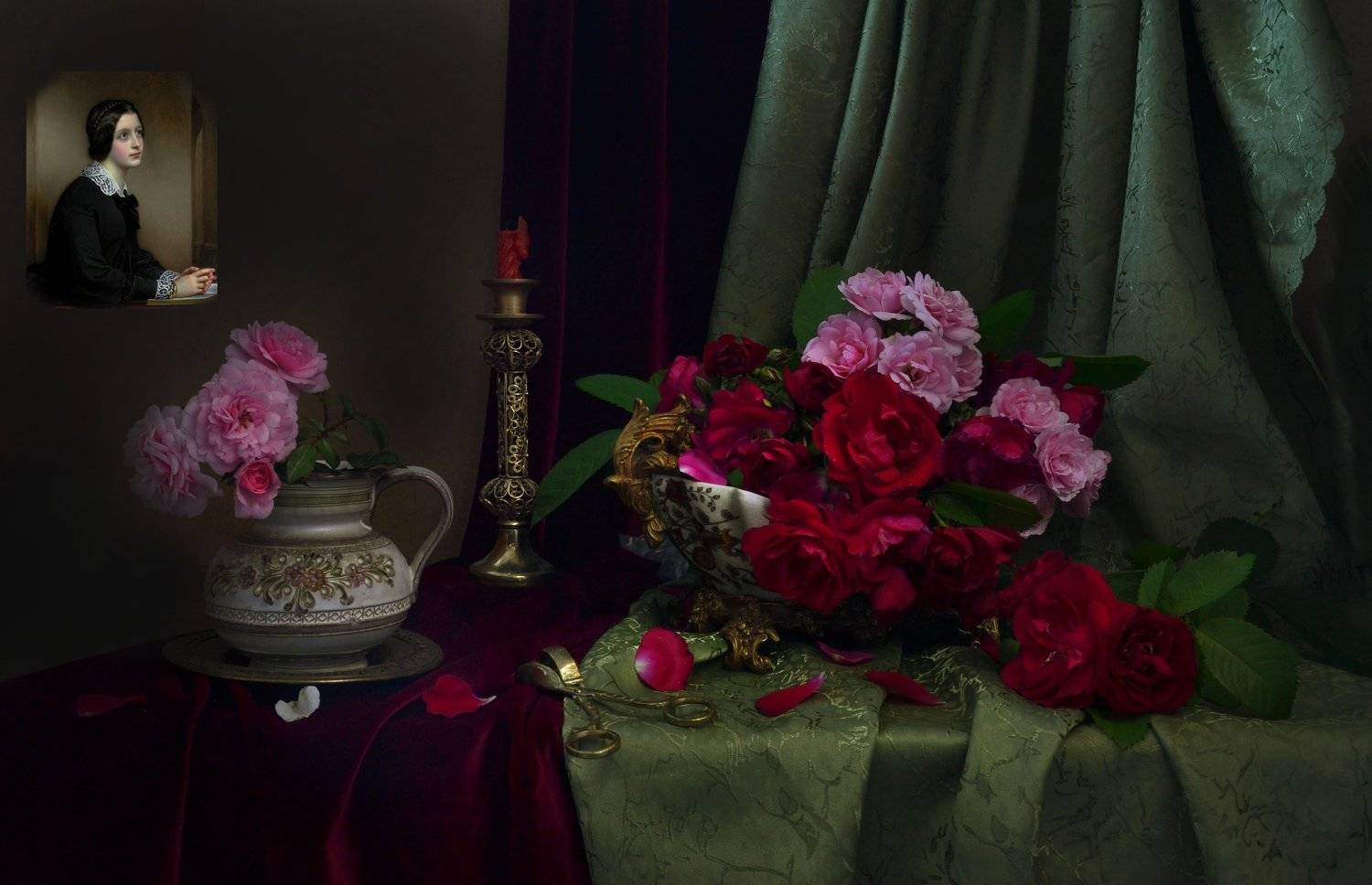 still life,натюрморт,цветы, фото натюрморты, фарфор, розы, портрет, подсвечник, лето, июль, Колова Валентина