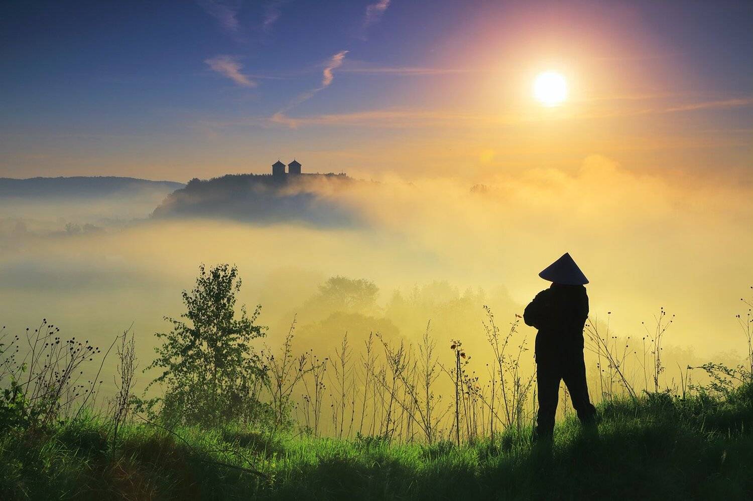 mist, fog, morning, sunrise, mood, monastery, man, sun,, Jacek Lisiewicz