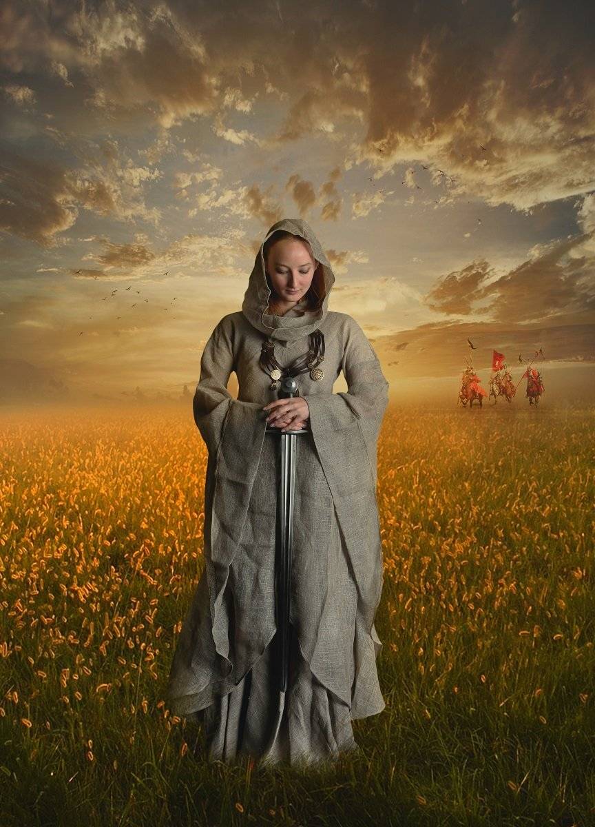 девушка, мечь, поле, облака, Sergii Vidov