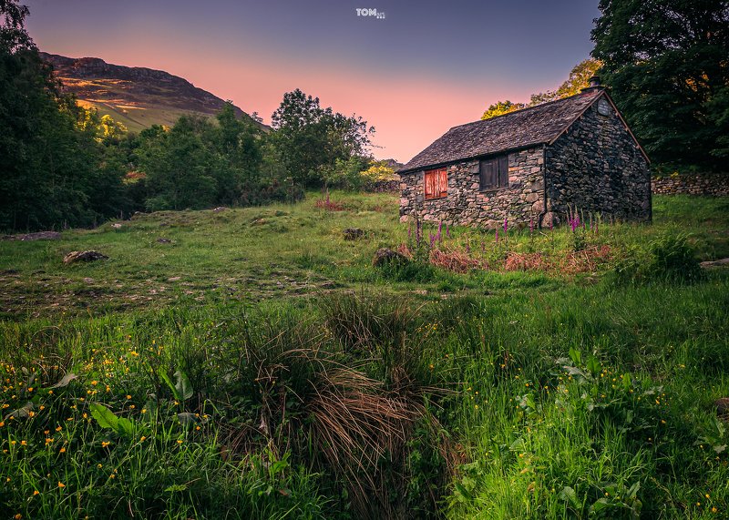 window windows old house stone mountains lakedistrict england uk lakes green grass flowers purple magenta sunrise morning building vintage retro trees yellow  \