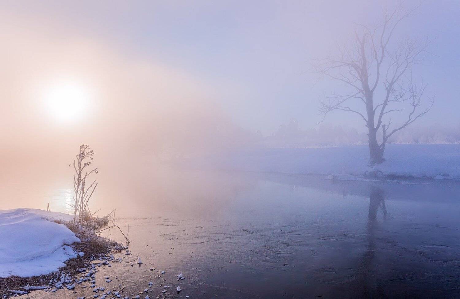 утро, зима, туман, солнце, рассвет, река, Виктор Климкин