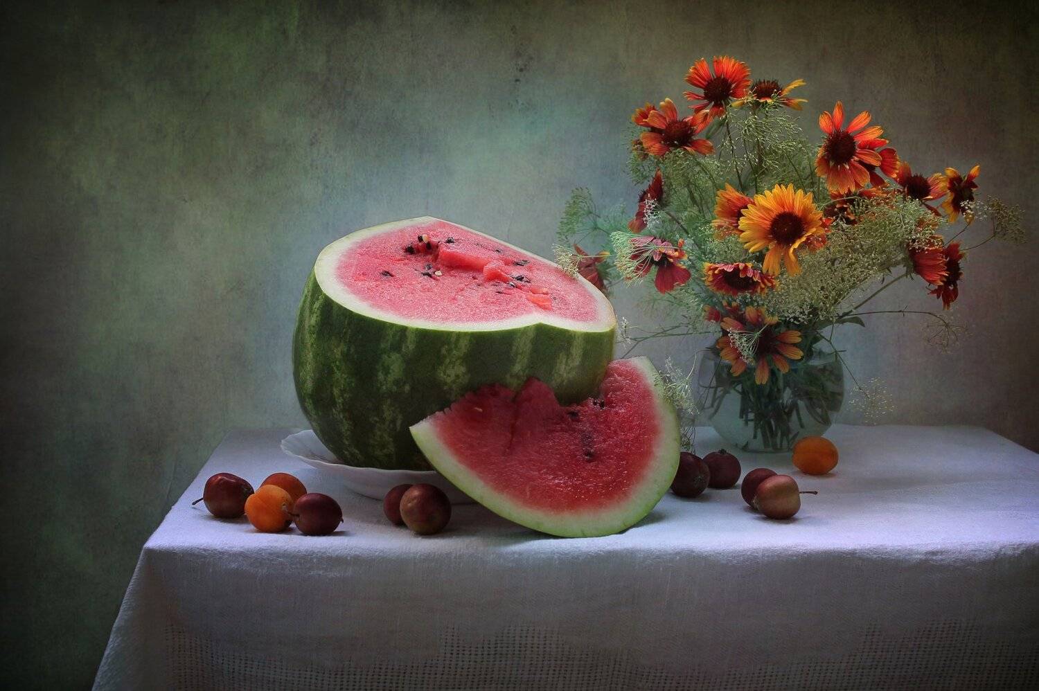 лето, натюрморт, арбуз, цветы,  \"райские\" яблоки, Ковалева Светлана