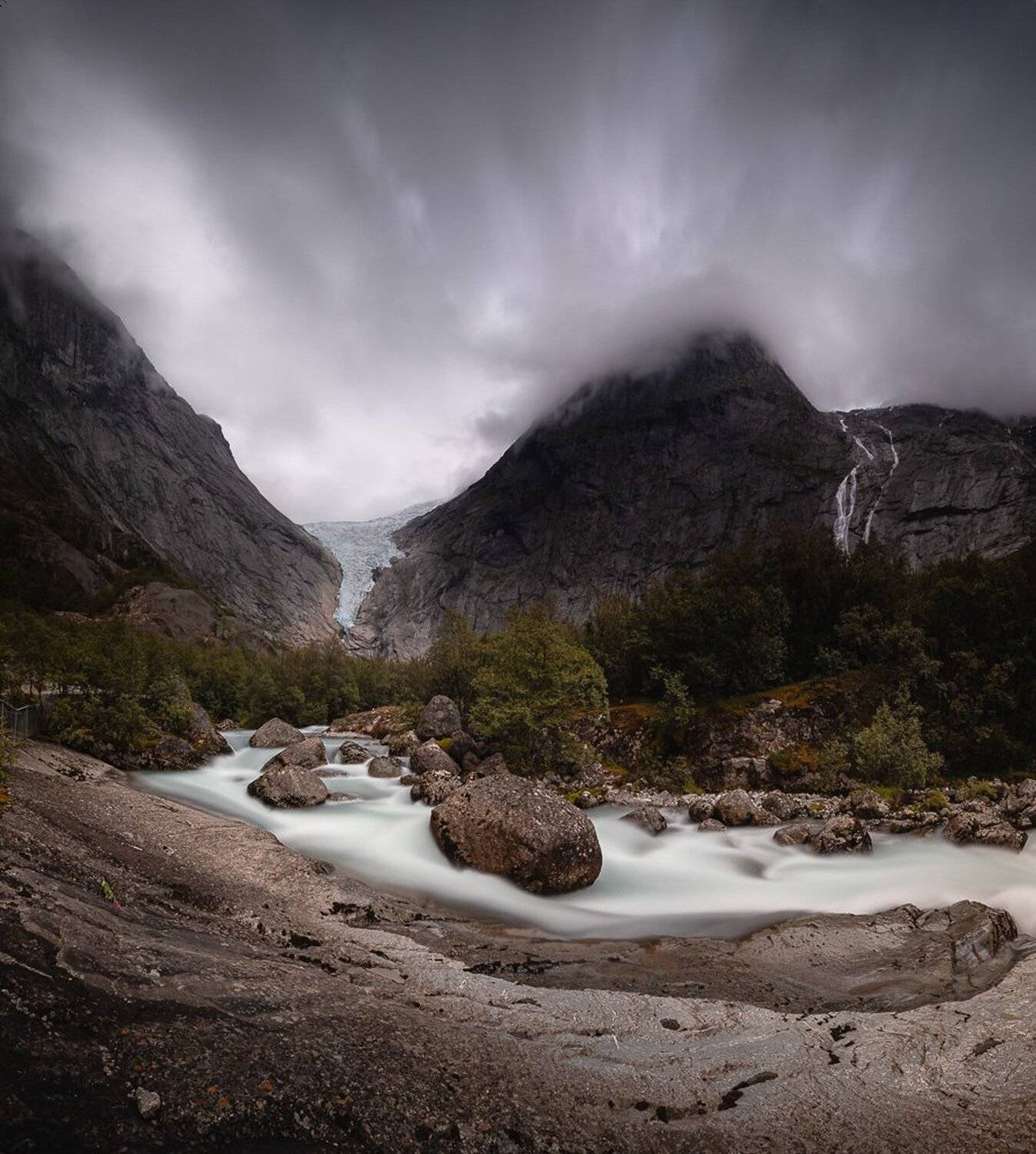 norway,norwegian,briksdalsbreen,mountains,glacier,scandinavia,scandinavian,summer,cloudy,panoramic,river,stream,, Adrian Szatewicz