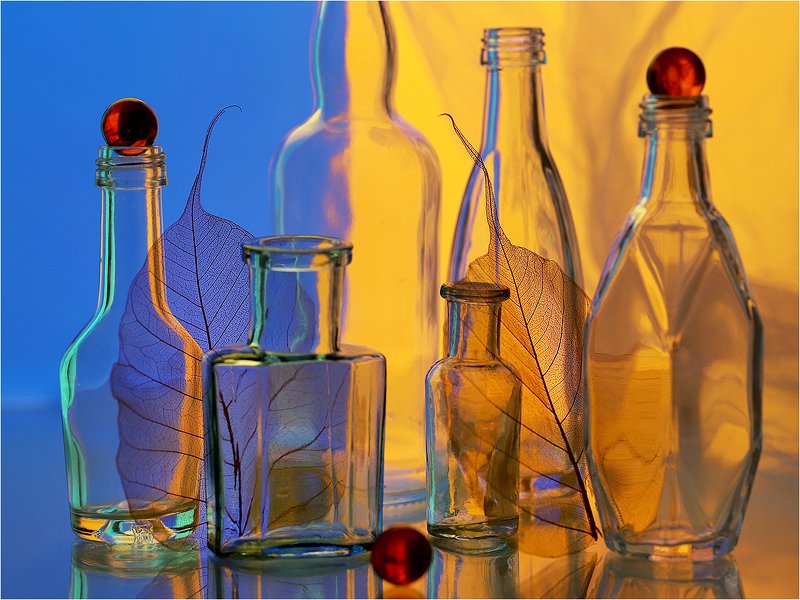 бутылочки, листья, натюрморт, Б/Н. фото превью