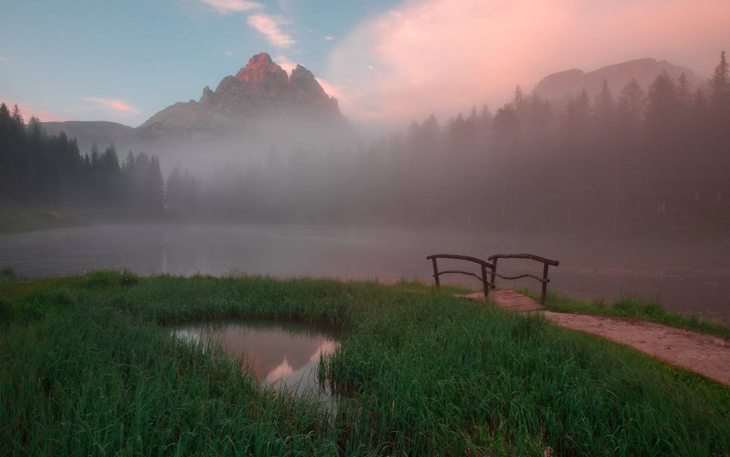 Italy, lake, fog, mountains, sunset, Antorno, Dolomiti, Alps, Италия, Доломиты, Альпы, озеро, горы, туман, закат, Александр