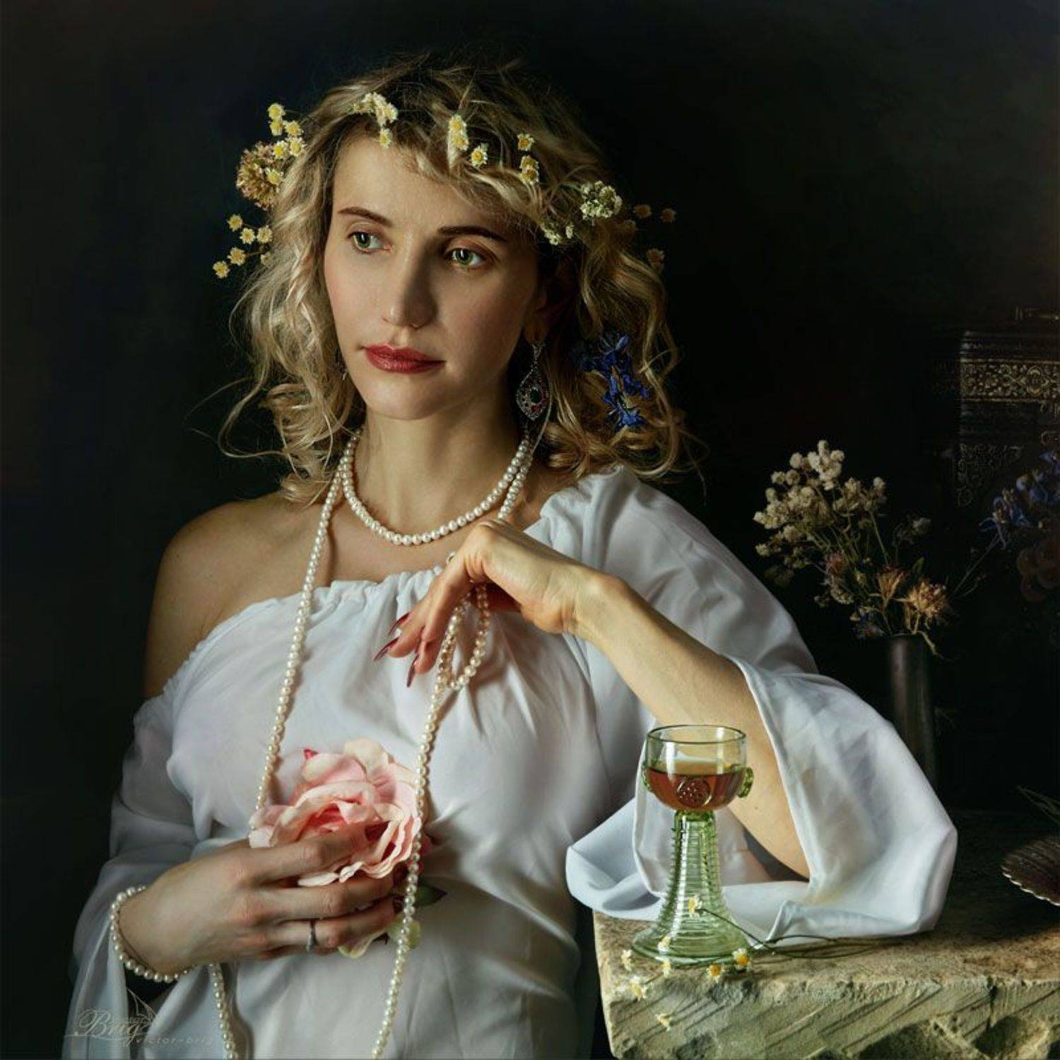девушка, венок, цветы, бокал, жемчуг, бусы, роза, Виктор Бриг