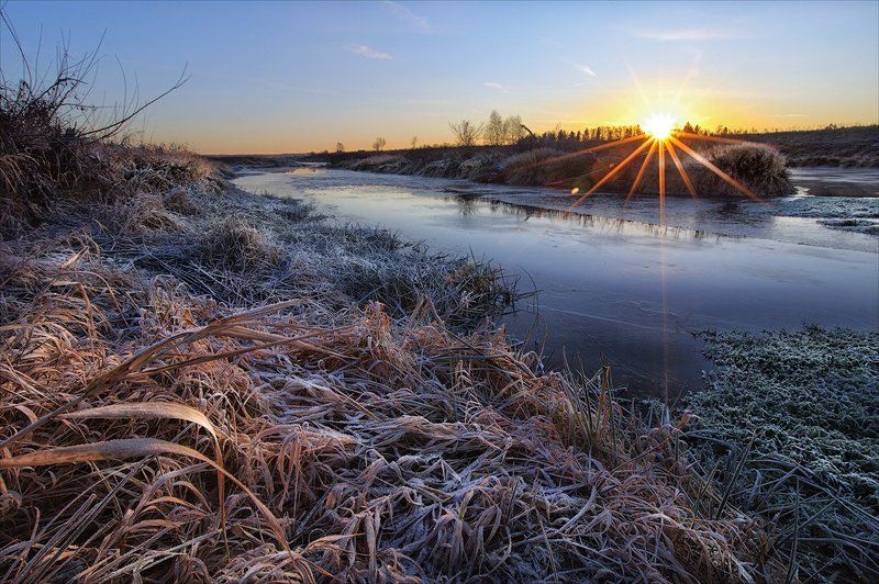 река, утро, мороз, иней утро фото превью