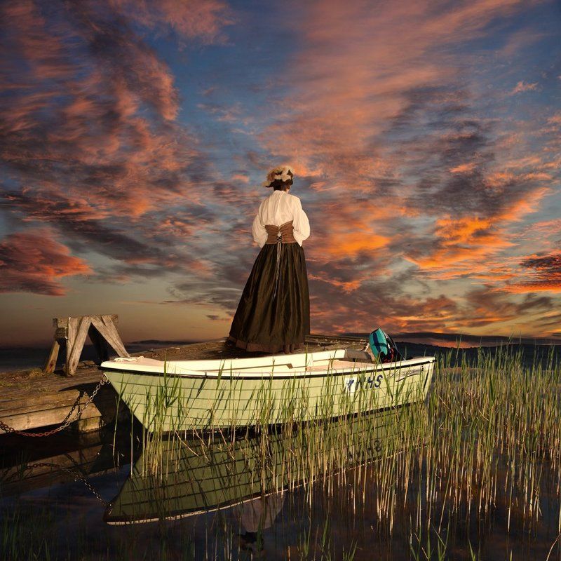 sky, girl, sunset, water, boat, reflection, clouds, grass, pier, victorian Watching the sunset фото превью