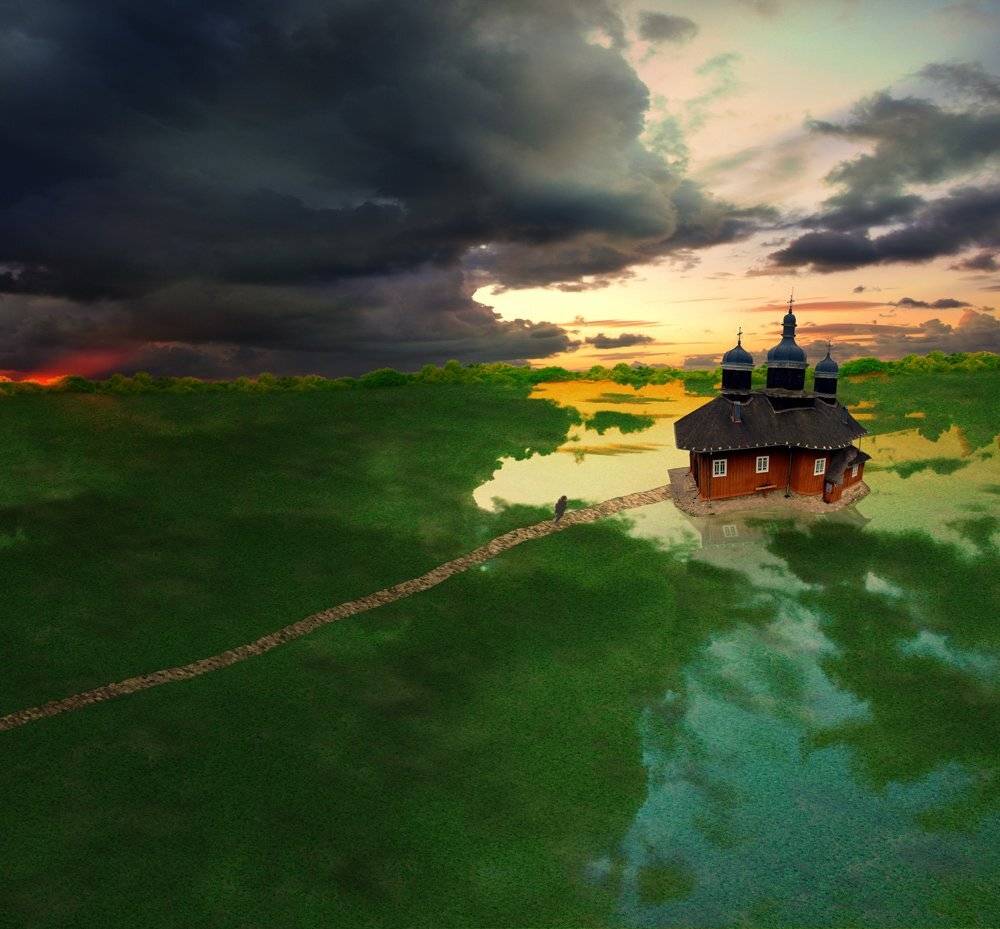 sky, reflection, travel, church, sun, light, clouds, woman, rays, journey, Caras Ionut