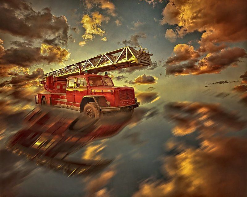 fire, car, sky, clouds, collage Deutz - Magirus фото превью