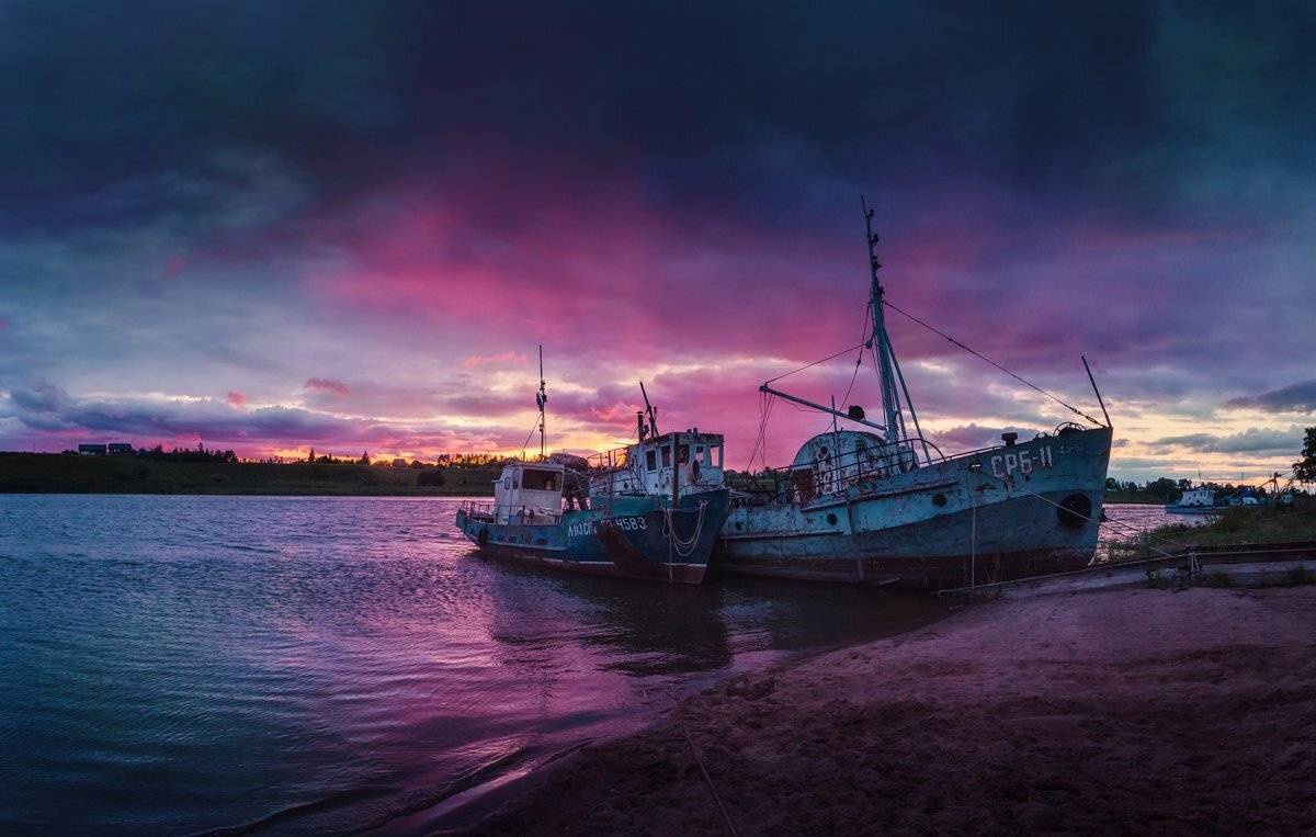 вечер, река, корабли, россия, закат, отражения, Майя Афзаал