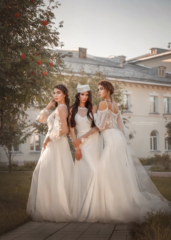 невесты, белая фата, свадебное платье, три подружки Maidens фото превью