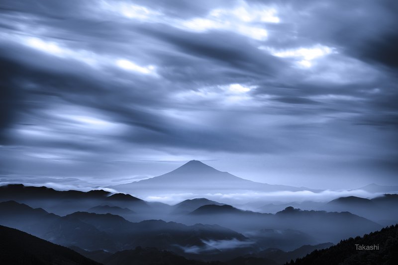 Fuji,mountain,Japan,clouds,gray,amazing,blue, Gray dawn фото превью