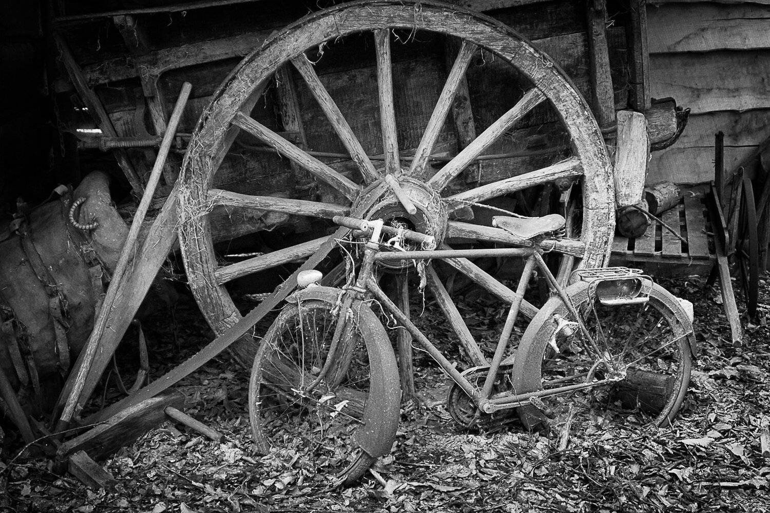 wagon; bicycle;old;lyfestyle; transportation; rural scene; no people; wagon; cart; v&eacute;lo; mode of transport, Sib&eacute;