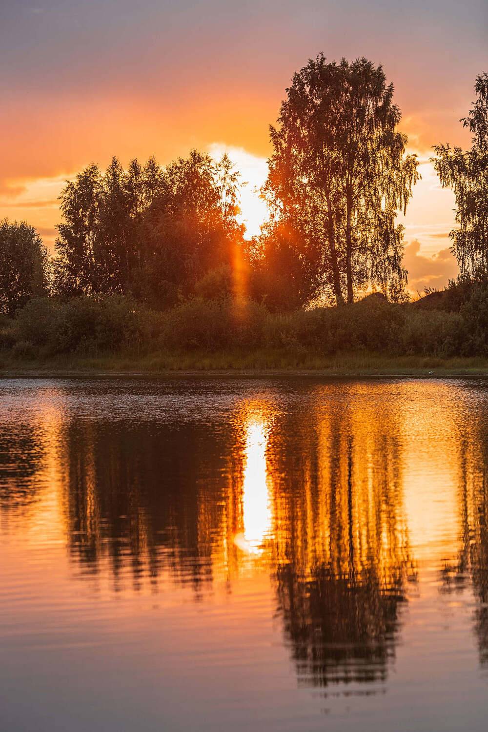 закат, озеро, небо, симметрия, лето, Владимир Васильев