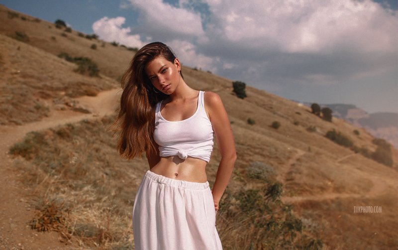 girl model clouds sea mountain view wheat fields golden blue white boho dress nature nomakeup Crimea фото превью