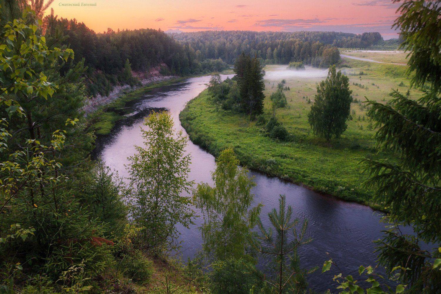 закат, поле, лето, вечер, туман, река, лес, Смольский Евгений