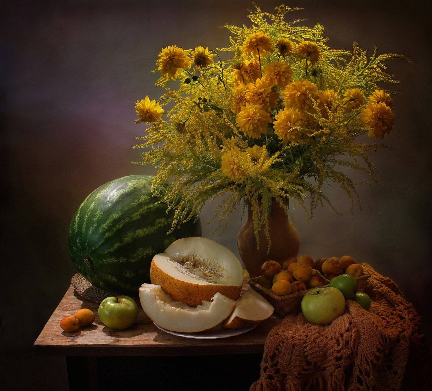 лето, натюрморт, цветы, фрукты, арбуз, дыня, Ковалева Светлана