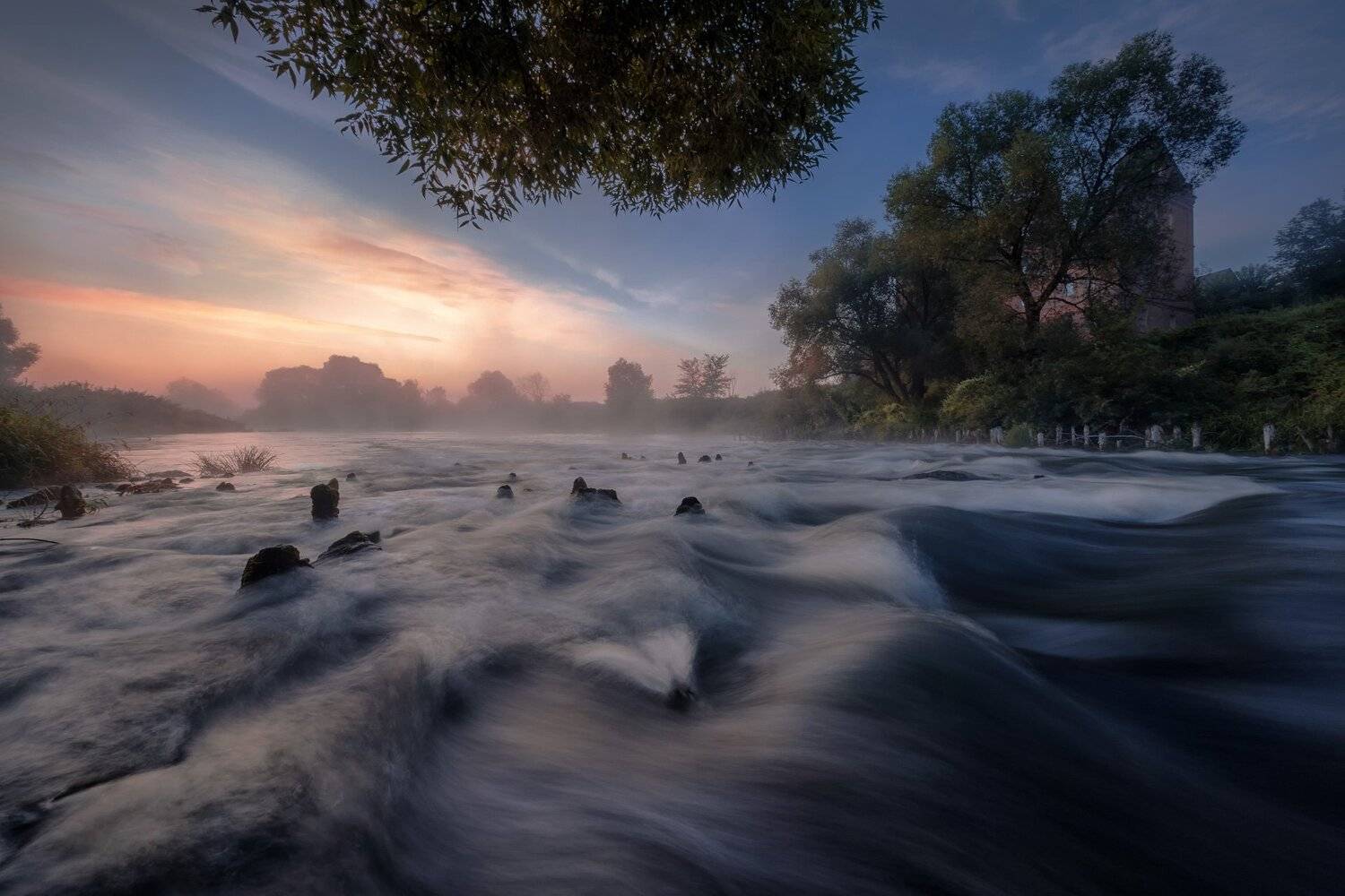 протва, река, пороги, плотина, сваи, туман, рассвет, ночь, поток, течение, Андрей Чиж