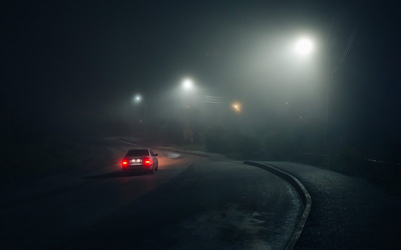туман, вечер, дорога, автомобиль Туманный вечер фото превью