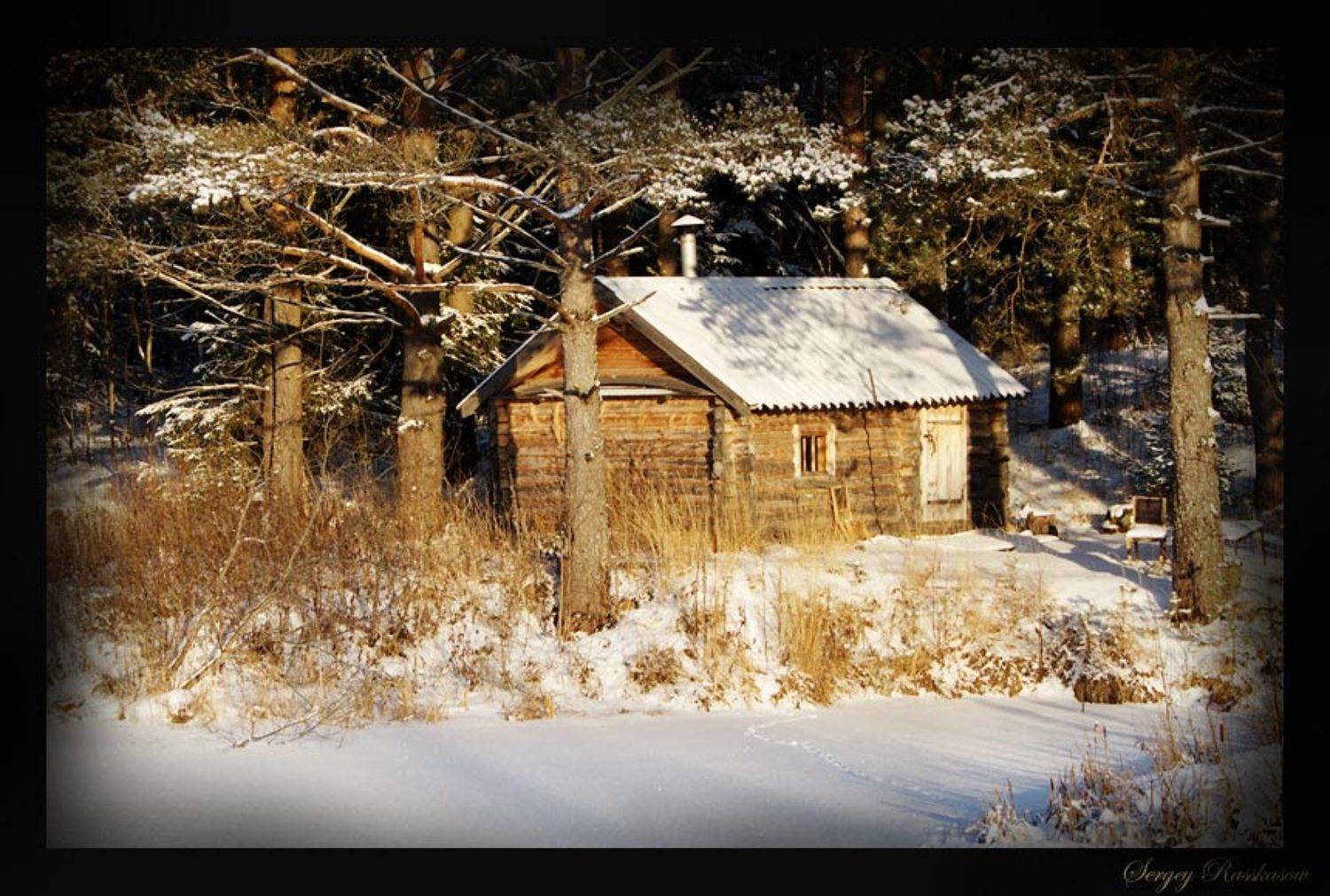 снег, зима, домик, деревня, сугробы, баня, сосны, лес, Сергей Рассказов