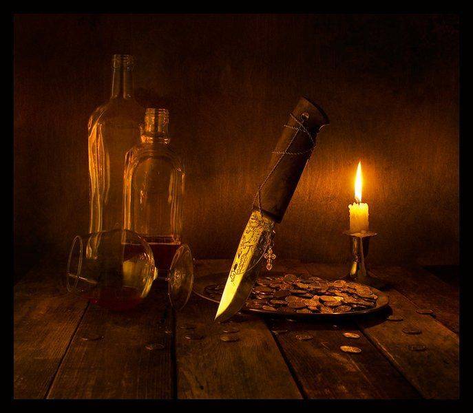 свеча, вино, кинжал, монеты, крест, огонь, натюрморт, Ирина