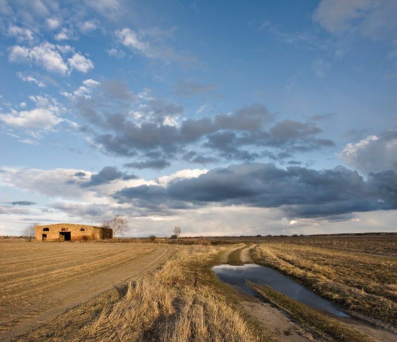облока, небо, дом, лужа, отражение, дорога, поле  фото превью