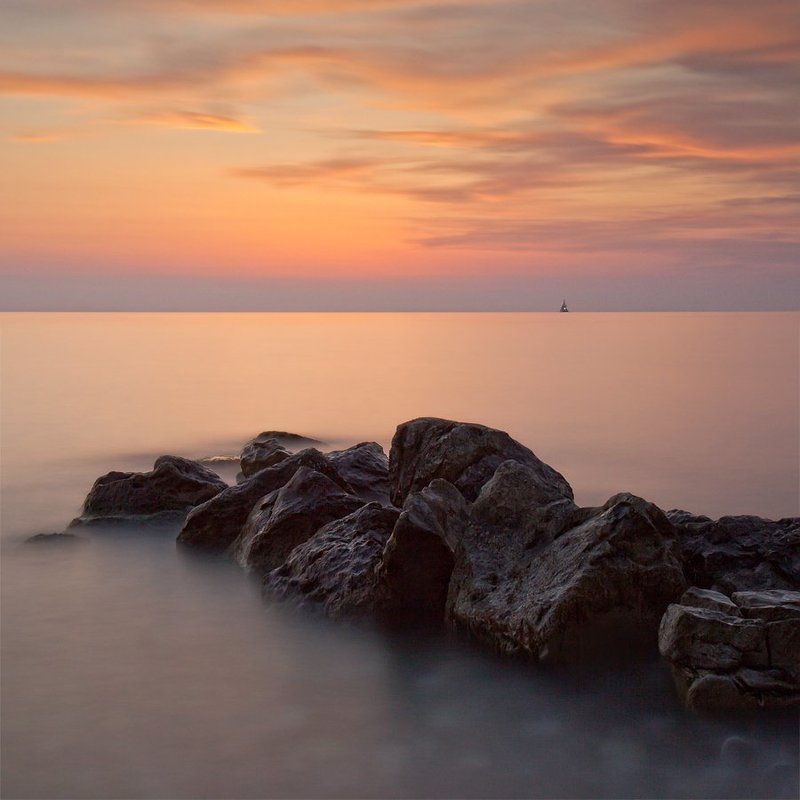 Выдержка, Закат, Камни, Море  фото превью