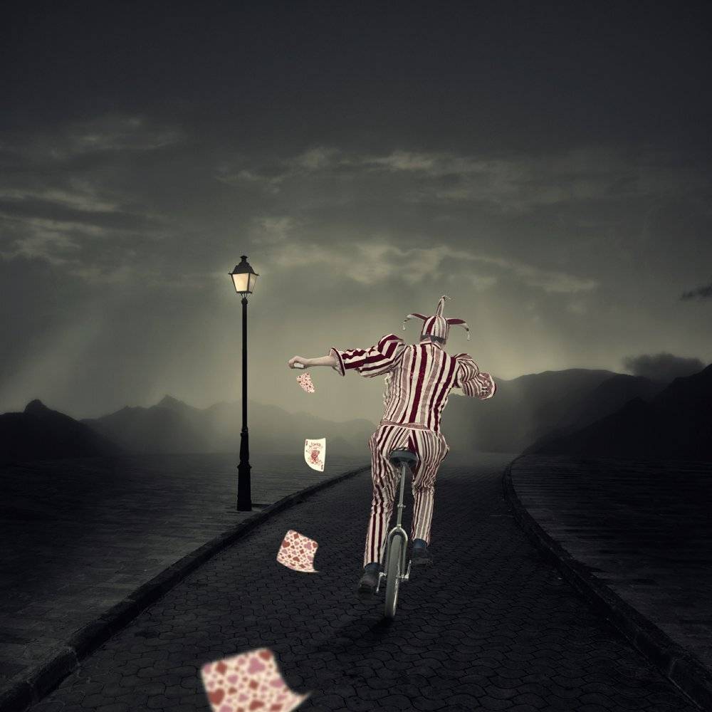 sky, light, clouds, man, fly, pole, stone, card, clown, alleyway, jocker, light pole, bicycling,, Caras Ionut
