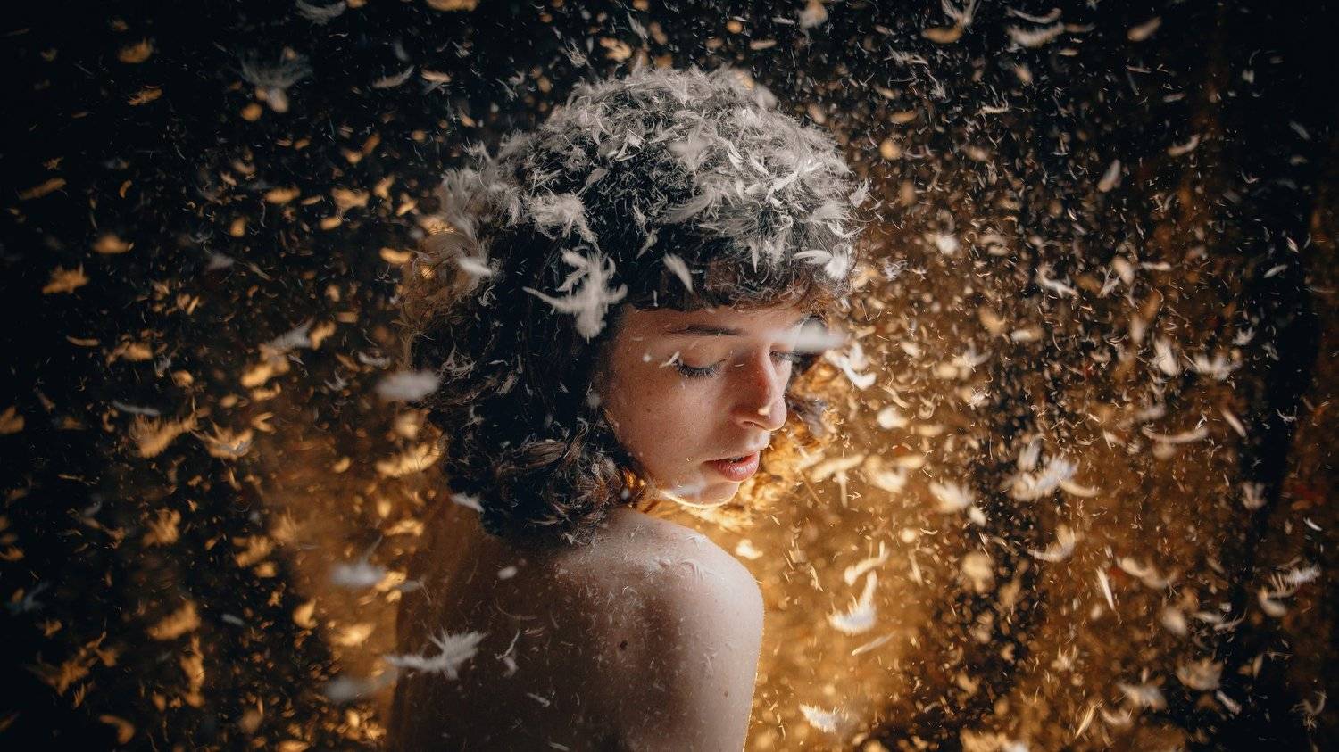 девушка, модель, прическа, перья, пух, свет, лучи, взгляд, изгиб, темнота, тишина, Россия, Васильев Андрей