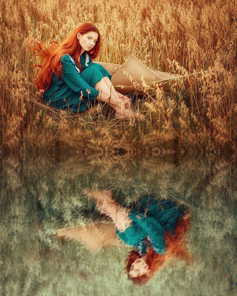 девушка, рыжеволосая, поле, лето, сказка, кораблик, портрет, portrait, field, outdoor, redhair, redhead, blue, summer, wheat, Марина Семёхина