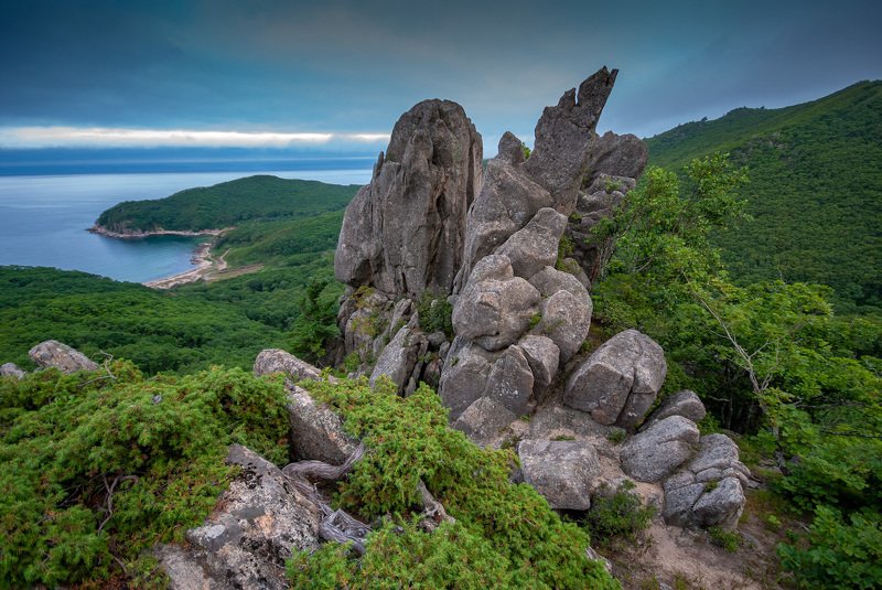 nature, sea, rock - object, mountain, landscape, scenics, outdoors, cliff, coastline, summer, travel, sky, tourism, blue, hill, island, famous place, green color, cloud - sky, beach Rocks фото превью