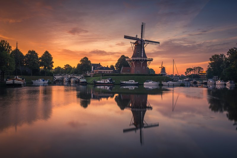 dokkum, netherlands, water, sunrise, sun, reflection, windmill, Dokkum фото превью