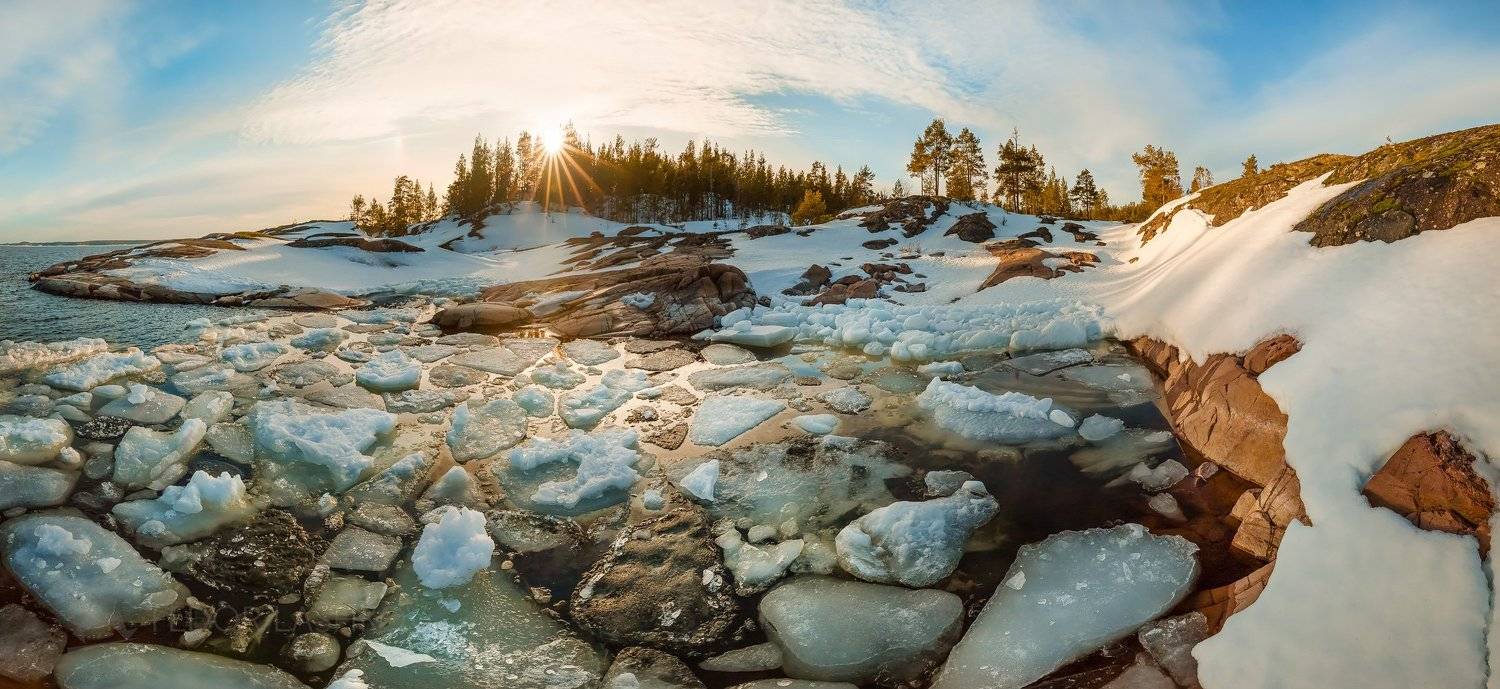 ладожское озеро, карелия, шхеры, зима, весна, остров, гранит, закат, бухта, льдины, льдина, лёд, снег,, Лашков Фёдор