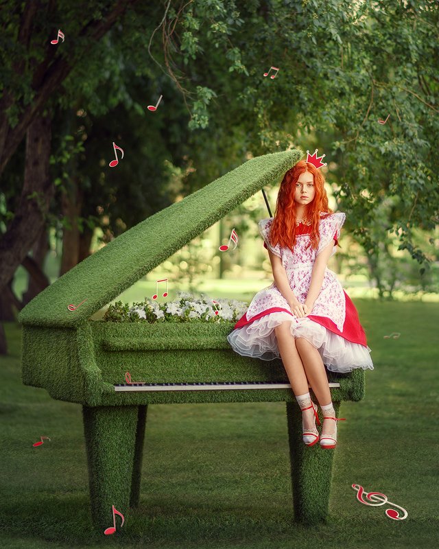 девушка, рыжеволосая, красный, лето, сказка, рояль, портрет, portrait, piano, outdoor, redhair, redhead, red dress, summer  фото превью