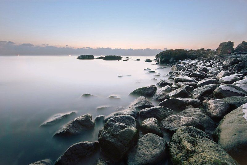 черное море, утро, рассвет, пейзаж, камни  фото превью