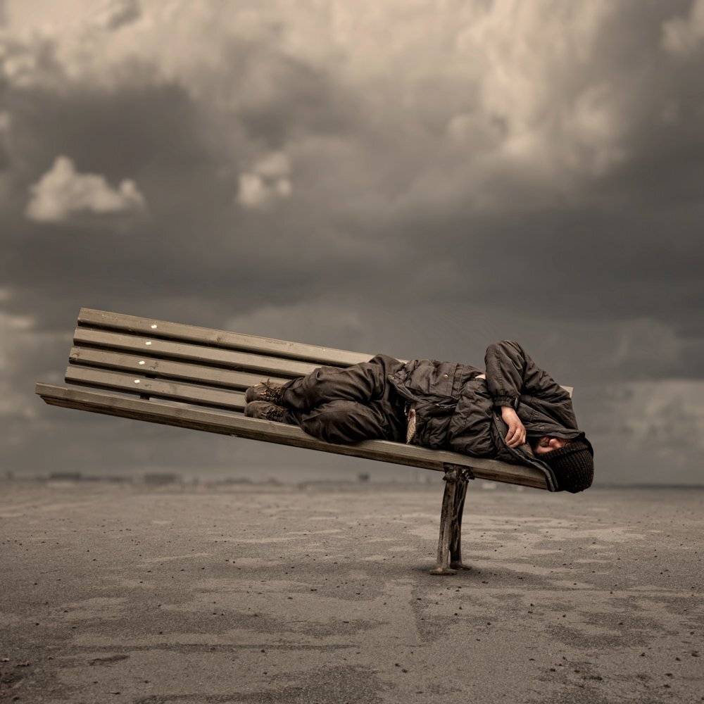 man,old,bench,tree,grass,wheat,country,alone,city,sky,clouds,head,brain,sleep,angle, Caras Ionut