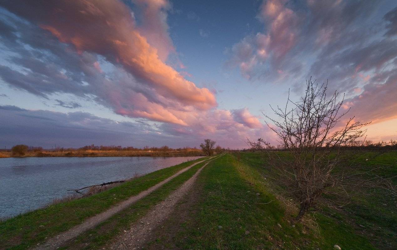 весна, вечер, закат, пруд, дорога, Николай Мысливцев