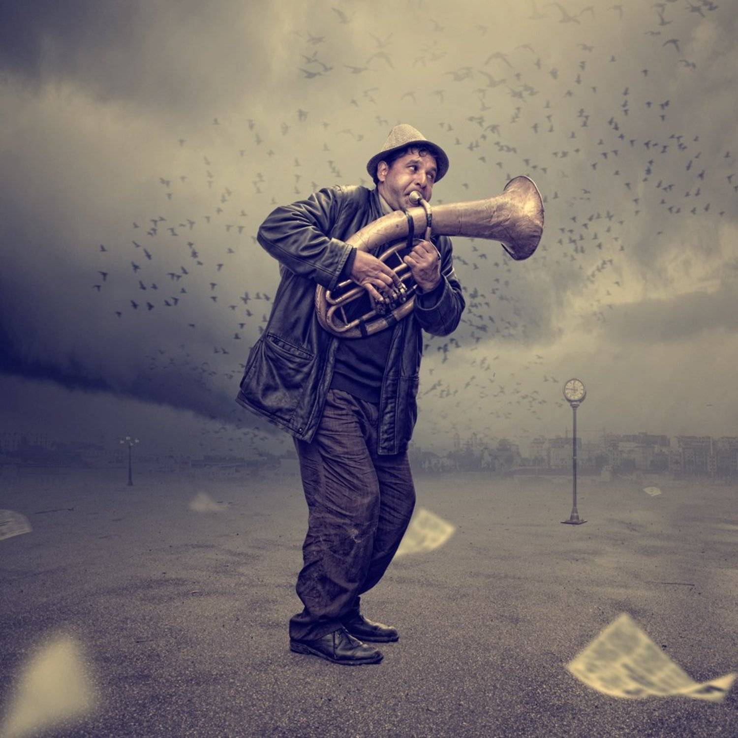 mist, fog, city, birds, cloudy, rain, man, clock, newspaper, flying, trumpet, calling, singer, light pole, stand up, Caras Ionut