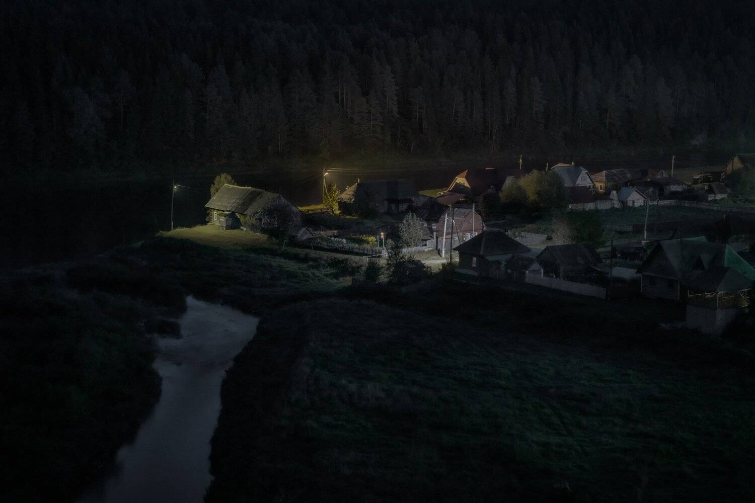чусовая, река, ночь, кын, село, огни, лес, дома, деревня, Андрей Чиж