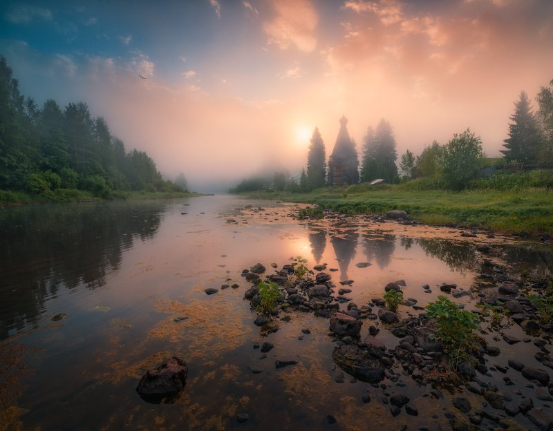 утро, солнце, туман, россия, река, церковь, вода Немножко туманной мистики фото превью