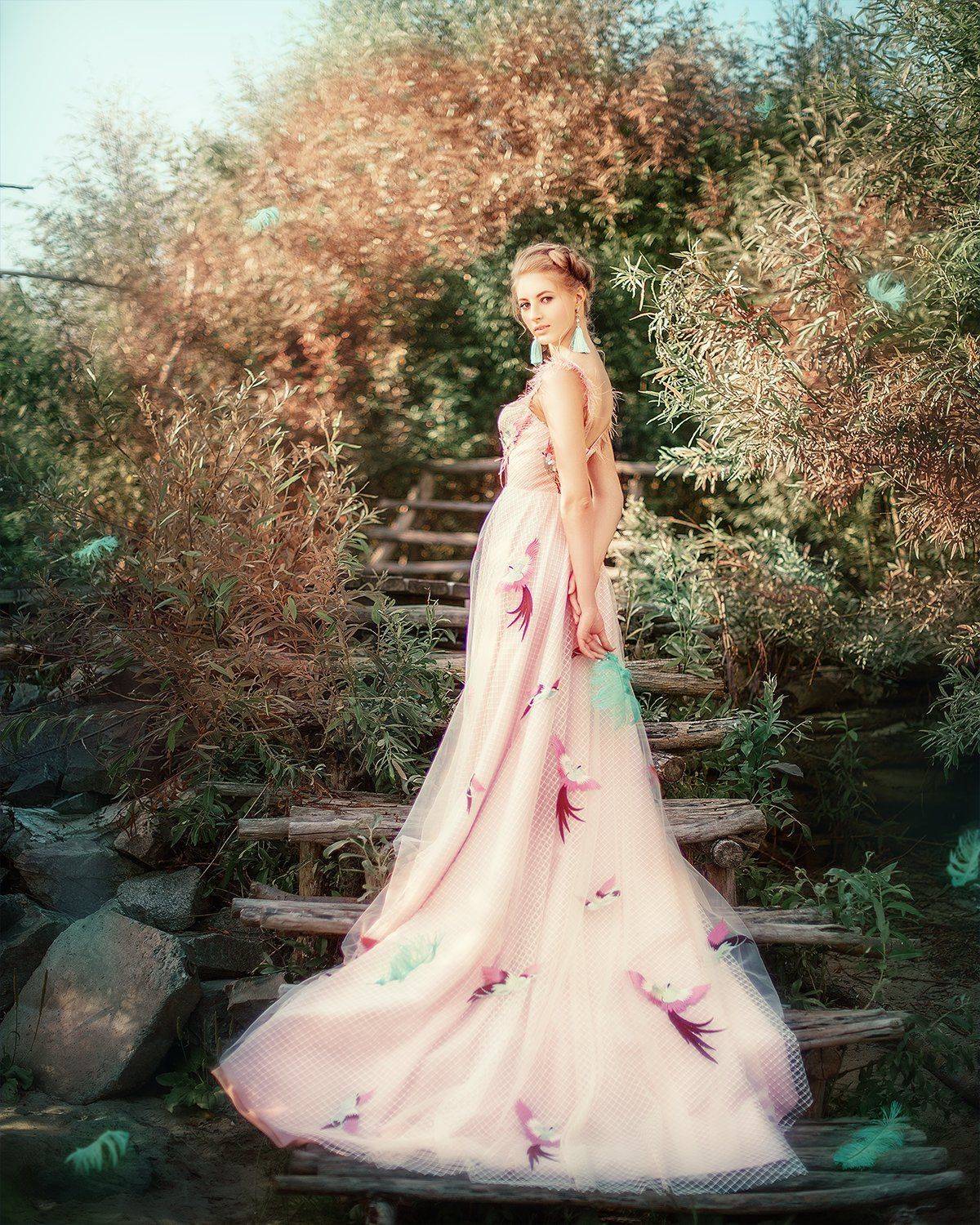 девушка, блондинка, птица, лето, сказка, платье, портрет, portrait, bird, outdoor, blondhair, blond, pink, summer, Марина Семёхина